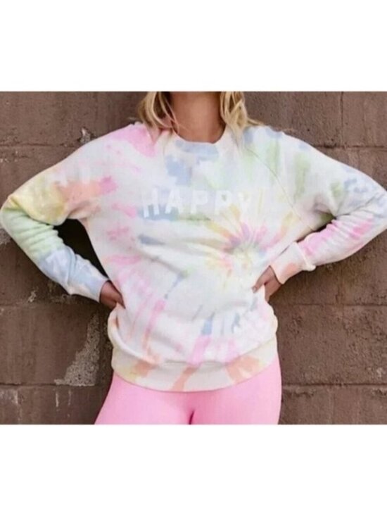 Spiritual Gangster Tops - Spiritual Gangster Sweatshirt Womens Medium White Tie Dye Happy Cotton Raglan